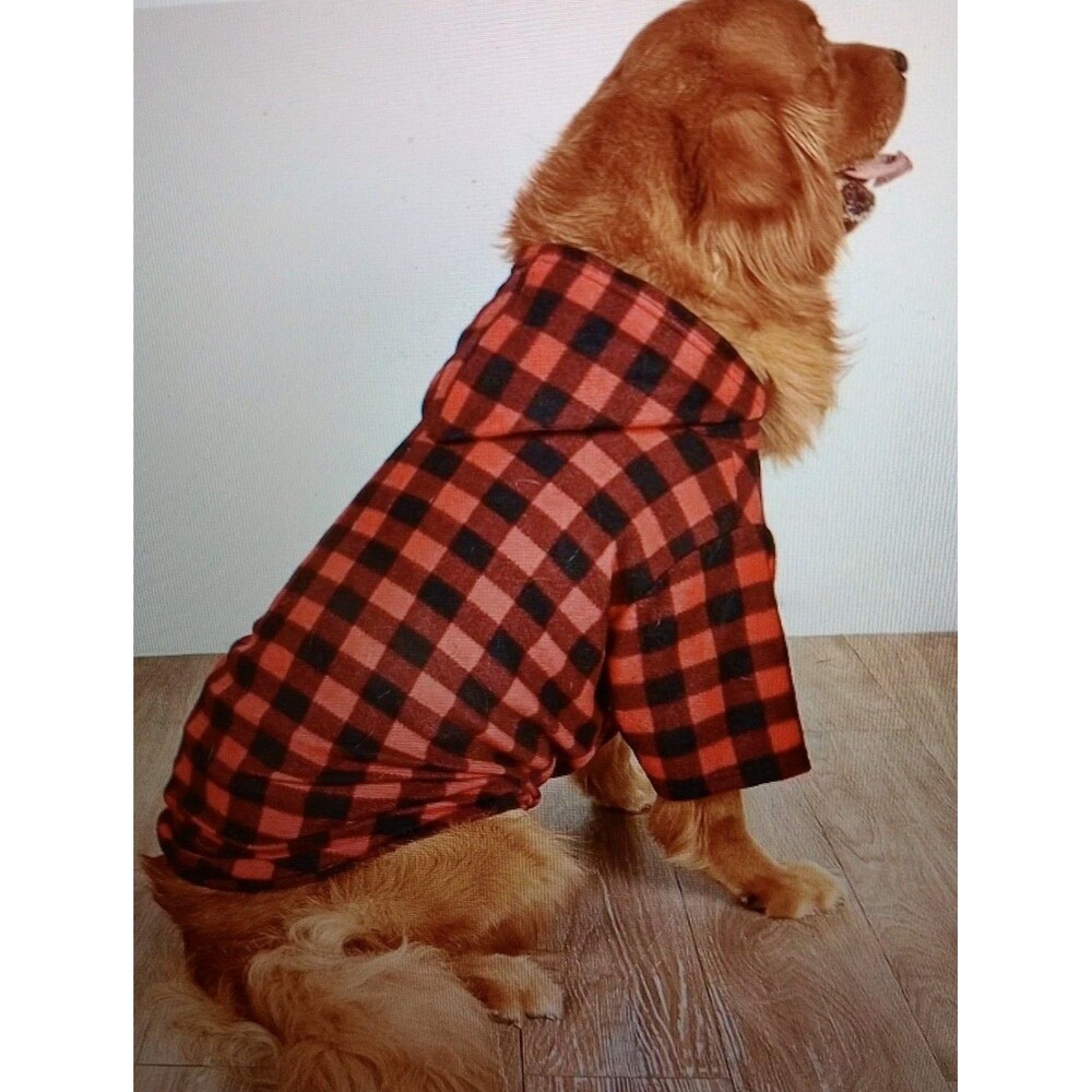 Plaid Dog Hoodie Warm Red & Black Pet Sweatshirt Winter Coat  Leash Hole 5XL NIP